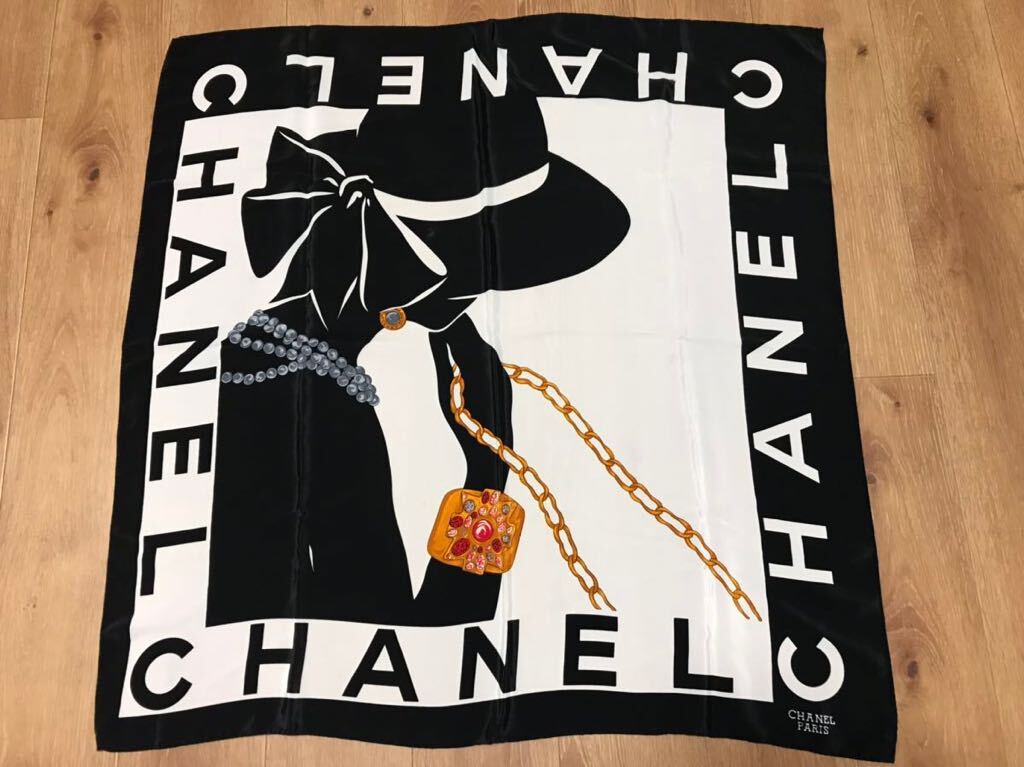 CHANEL シャネル スカーフ 大判 シルク 黒 ブラック ホワイト レディース 女性用 ファッション小物 服飾小物